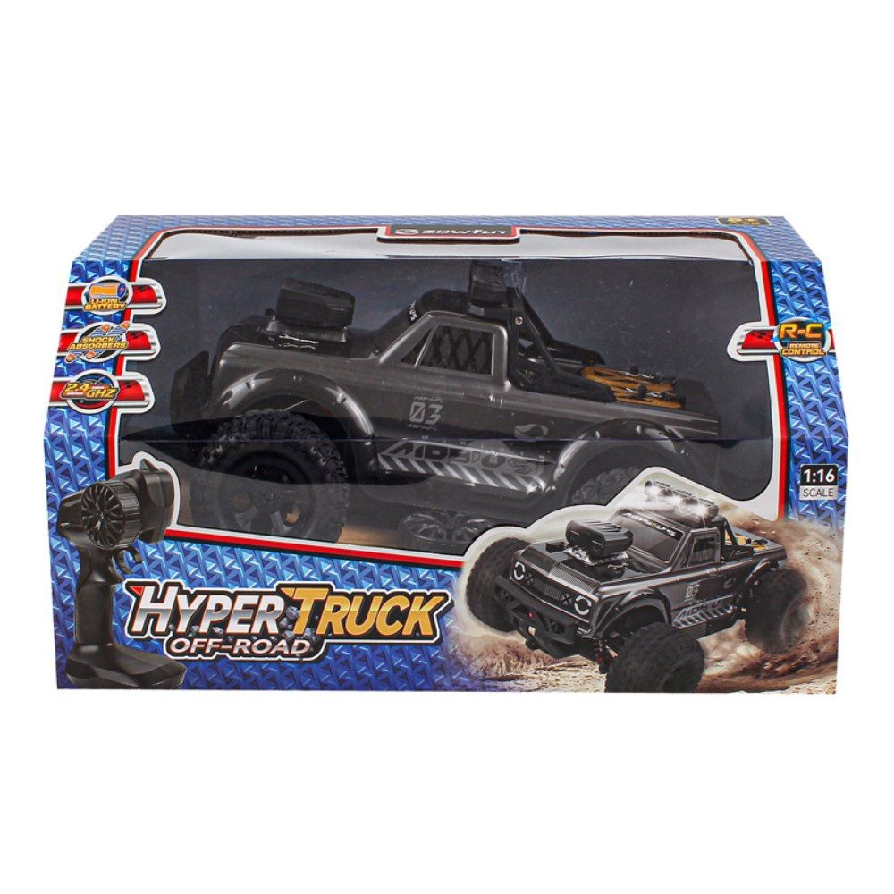 All-Terrain RC Stunt Truck (1:16) - LED Lights, 15.5 mph, 164 ft Range, 25-Min Playtime, USB Rechargeable, Black