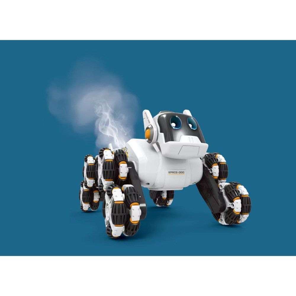 Interactive RC Robot Dog - Stunt Moves, 8-Wheel, 360° Spins, 82ft Range, Music & Water Spray, LED Lights, 30 Min Playtime, USB Rechargeable, White
