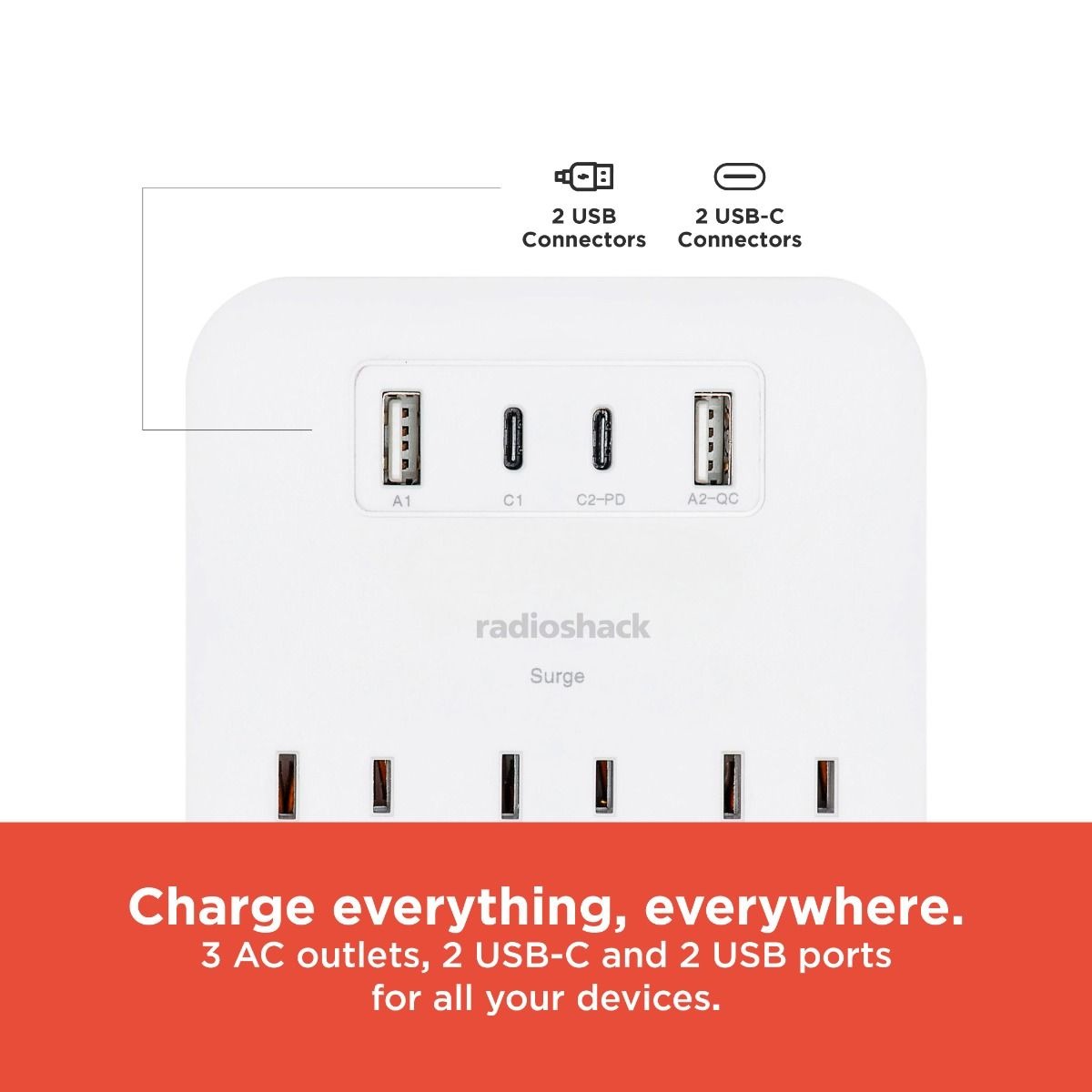RadioShack 3 Outlet Wall Tap + 2 USB -C + 2 USB with Overload protection 490J 6100857