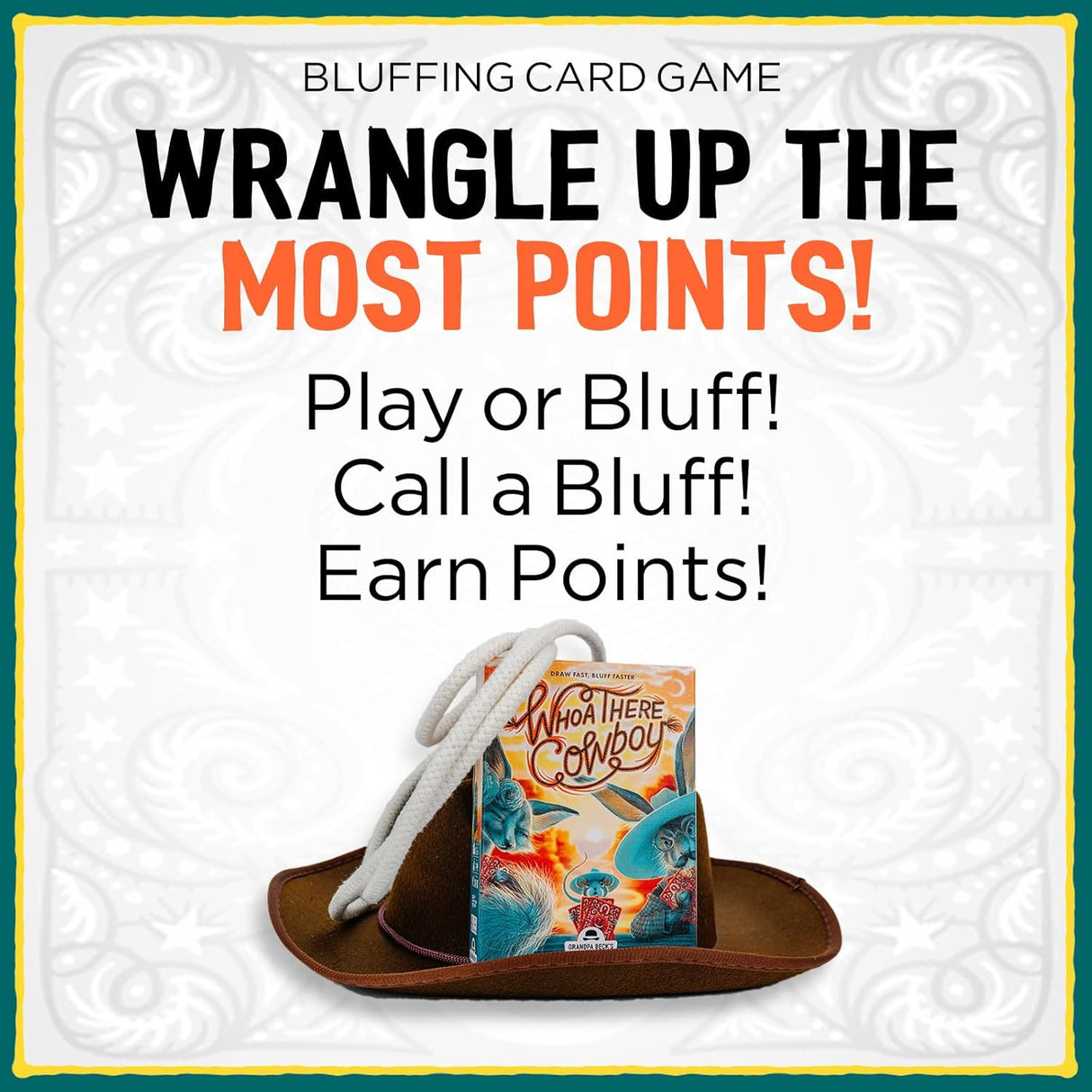 Bluffing card game packaging with text 'Wrangle Up the Most Points!' on a decorative background