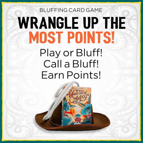 Bluffing card game packaging with text 'Wrangle Up the Most Points!' on a decorative background