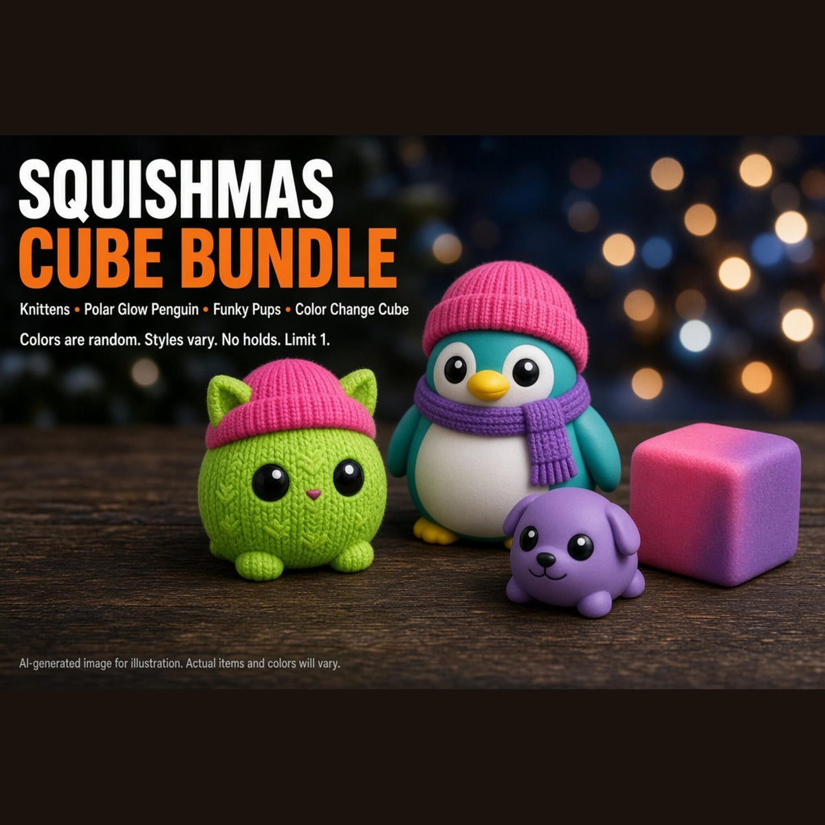 NeeDoh Squishmas Cube Bundle with Knittens, Polar Glow Penguin, Teenie Funky Pups, and Color Change Cube. Colors and styles are random. AI-generated illustration; actual items vary.
