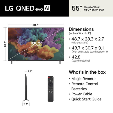 LG 55QNED84BUA dimensions and what is in the box