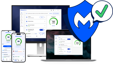 Malwarebytes app protecting a desktop, laptop and phones