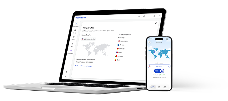 Malwarebytes Privacy VPN app on a laptop and phone