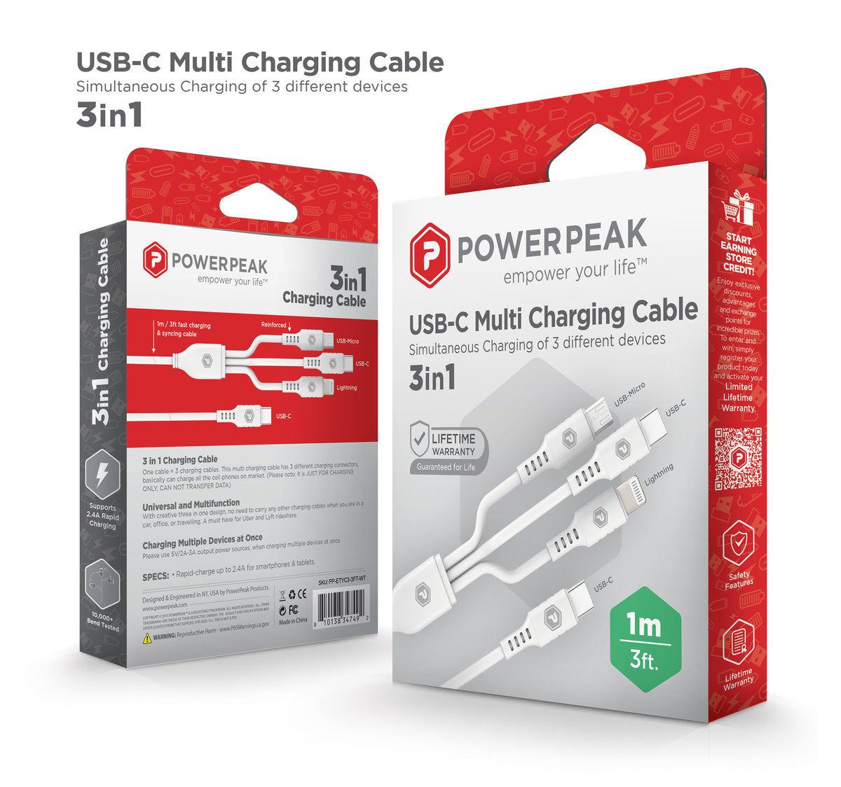 PowerPeak ECONOMY 3 in 1 Cable 3 ft USB-C to Micro, Lightning, and USB-C - White - image 3