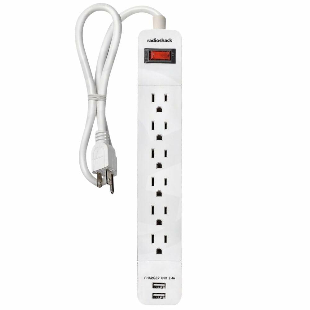 RadioShack 6-Outlet Power Strip - 2 USB Ports 6100848 White