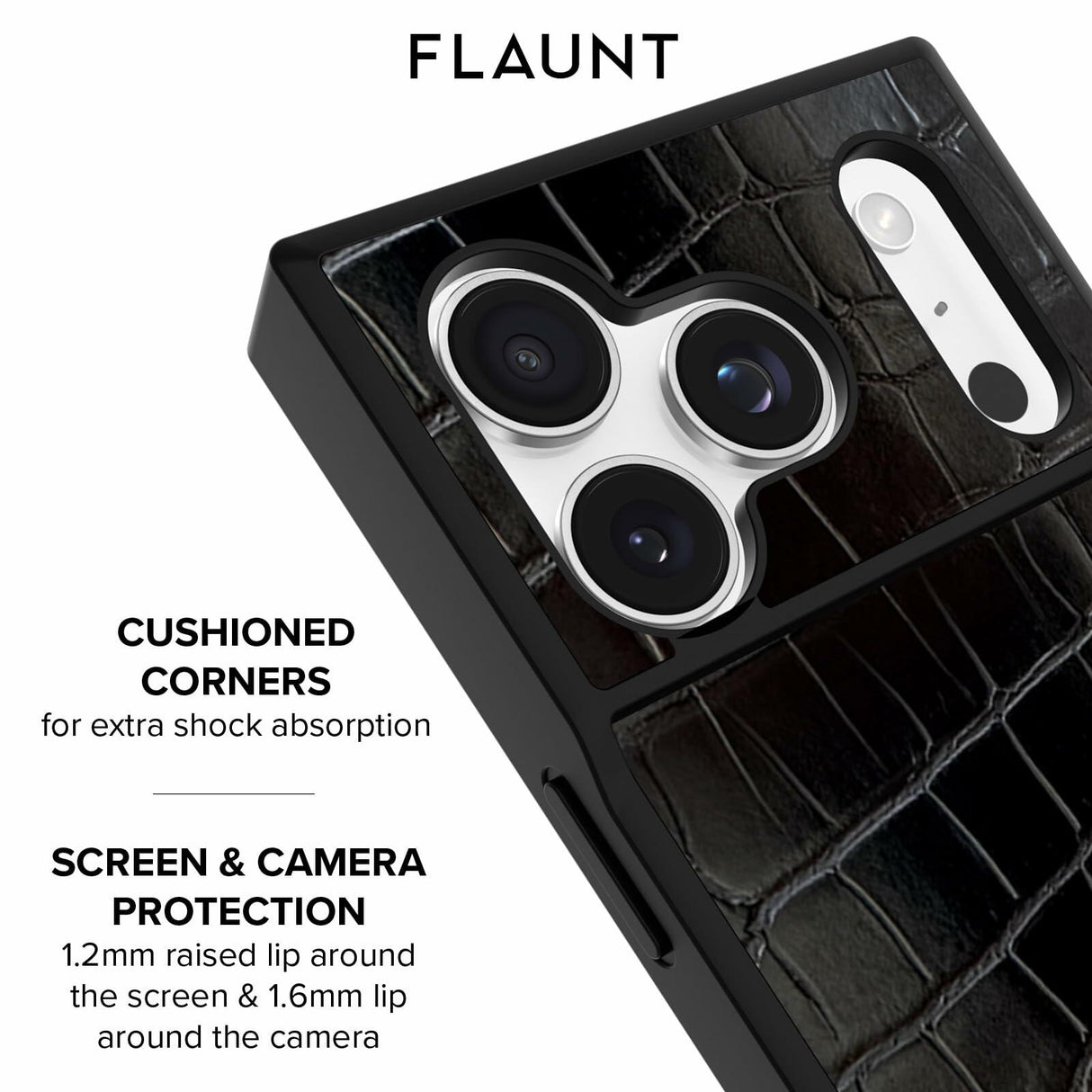 Flaunt Official Square Protective Case - Compatible with iPhone 17 Pro Max - Compatible with MagSafe & Wireless Charging - Drop-Tested & Shockproof - (Black Crocodile)