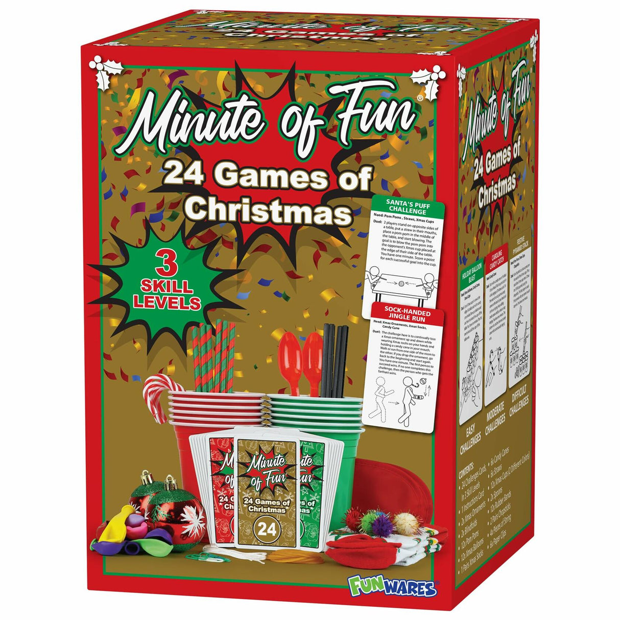 Funwares 24 Days of Christmas Games - Complete Advent Calendar, Christmas-Themed Minute to Win It Challenges for Kids, Teens & Families, 2-12 Players, Ready to Play Right Out of the Box!