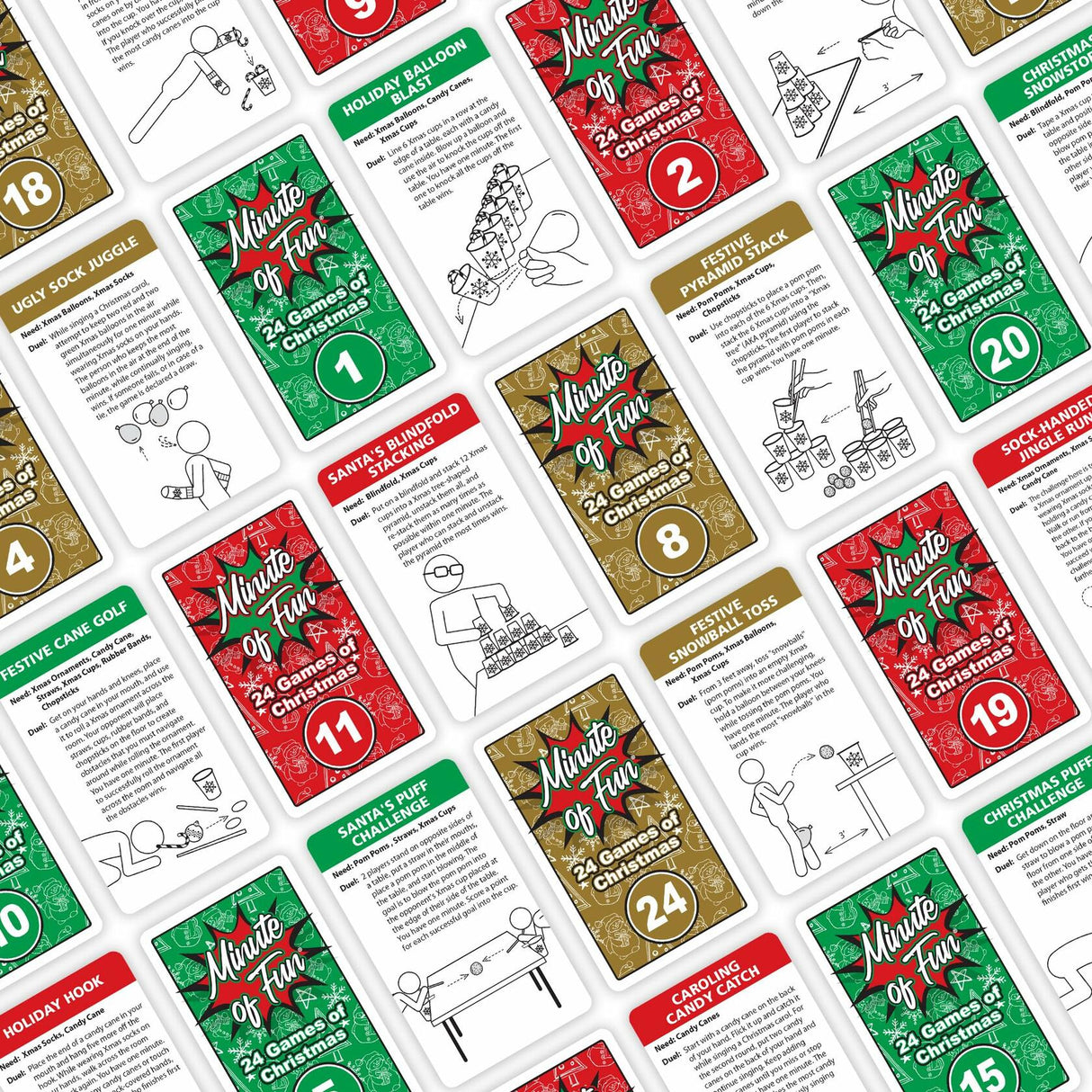 Funwares 24 Days of Christmas Games - Complete Advent Calendar, Christmas-Themed Minute to Win It Challenges for Kids, Teens & Families, 2-12 Players, Ready to Play Right Out of the Box!