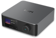 Gray electronic device with a screen and control knob on a white background