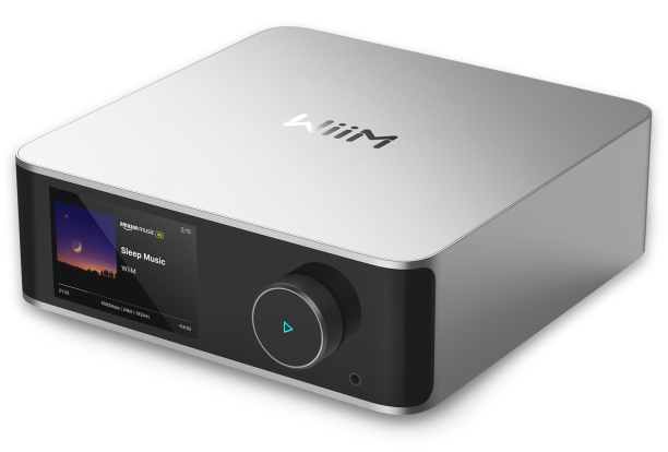 Silver electronic device with a screen displaying 'Amazon Music' on a white background