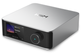 Silver electronic device with a screen displaying 'Amazon Music' on a white background
